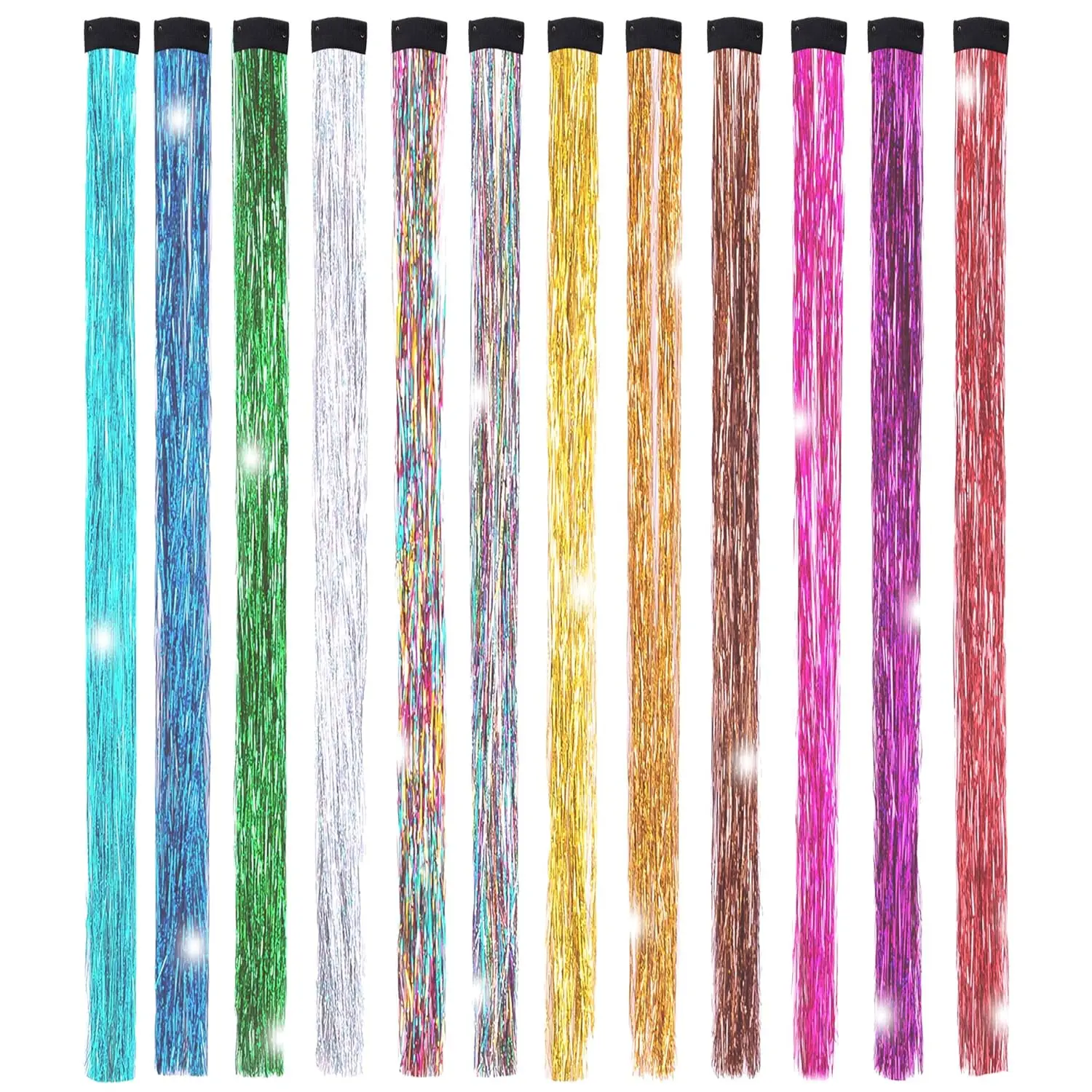 

12-Color Glitter Hair Tinsel Kit, 19.7 Inch Fairy Tinsel, Clip-On Hair Extensions for Parties