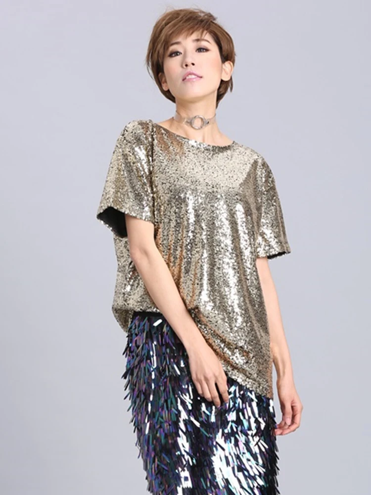 [EAM] Women Silver Color Sequin Big Size T-shirt New Round Neck Short Sleeve Fashion Loose Fit Tide Spring Summer 2024 1DF5329