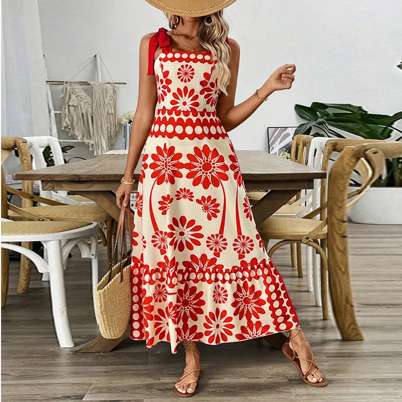 

Tinaa Vintage Flower Print Dress for Women 2025 Summer Spaghetti-neck Tied Sleeveless Bohemia Vacation Casual A-line Long Dress