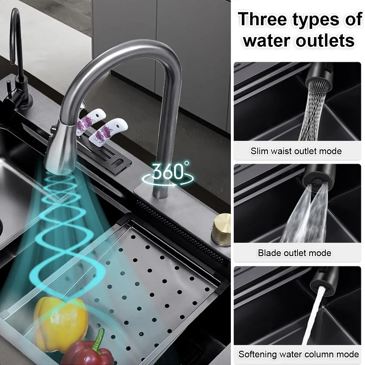 حوض مطبخ حديث متعدد الوظائف من الفولاذ المقاوم للصدأ مع صنبور للطهي المنزلي وتنظيف متين مقاوم للخدش