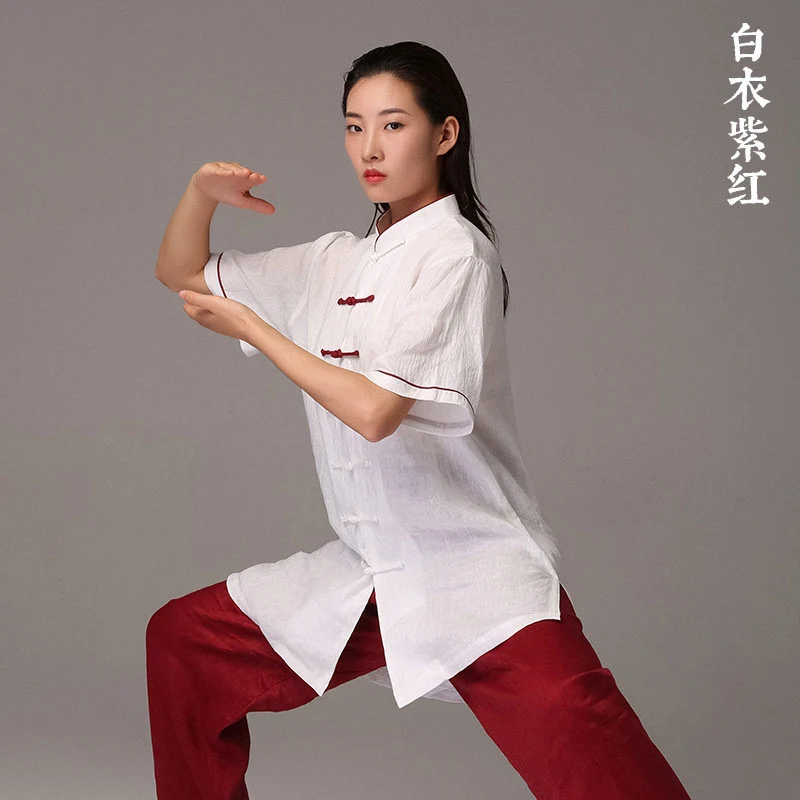 Linen Short Sleeve Tai Chi Uniform for Women Men Spring Summer Martial Arts Performance Competition Color Block Wear
