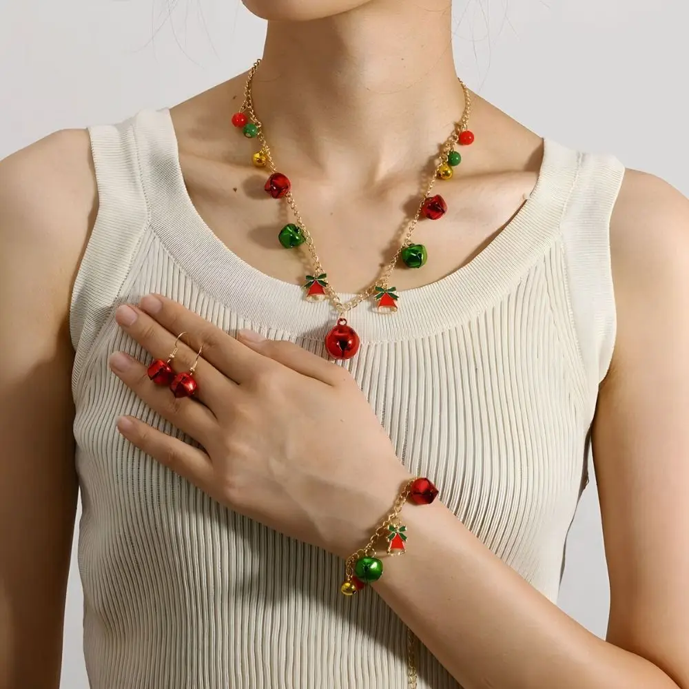 3pcs/set Beads Bells Christmas Jewelry Set Bow Color Collision Christmas Tree Bell Bracelet Contrasting Bell Cute