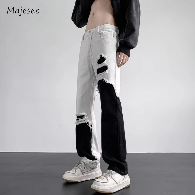 Men Jeans Retro Hip Hop Teenagers Fashion European Style Contrast Color Patchwork Chic Leisure Versatile Aesthetic Advanced Ins