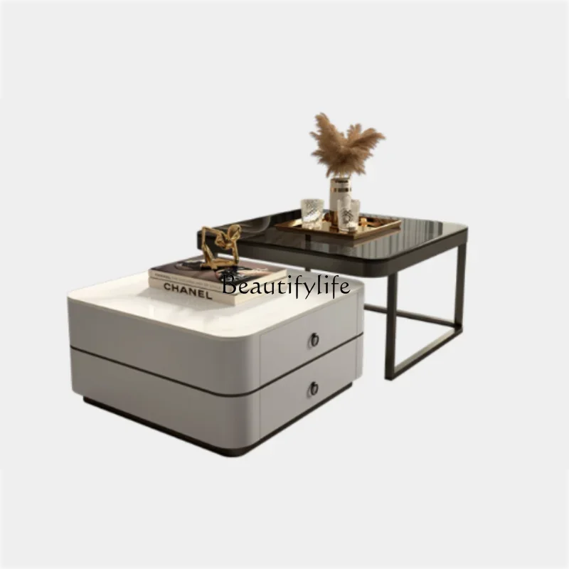 

yj9 Minimalist Glass Rock Slab Coffee Table Modern Makeup Expandable Living Room Center Table Bedroom Side Table Home Furniture