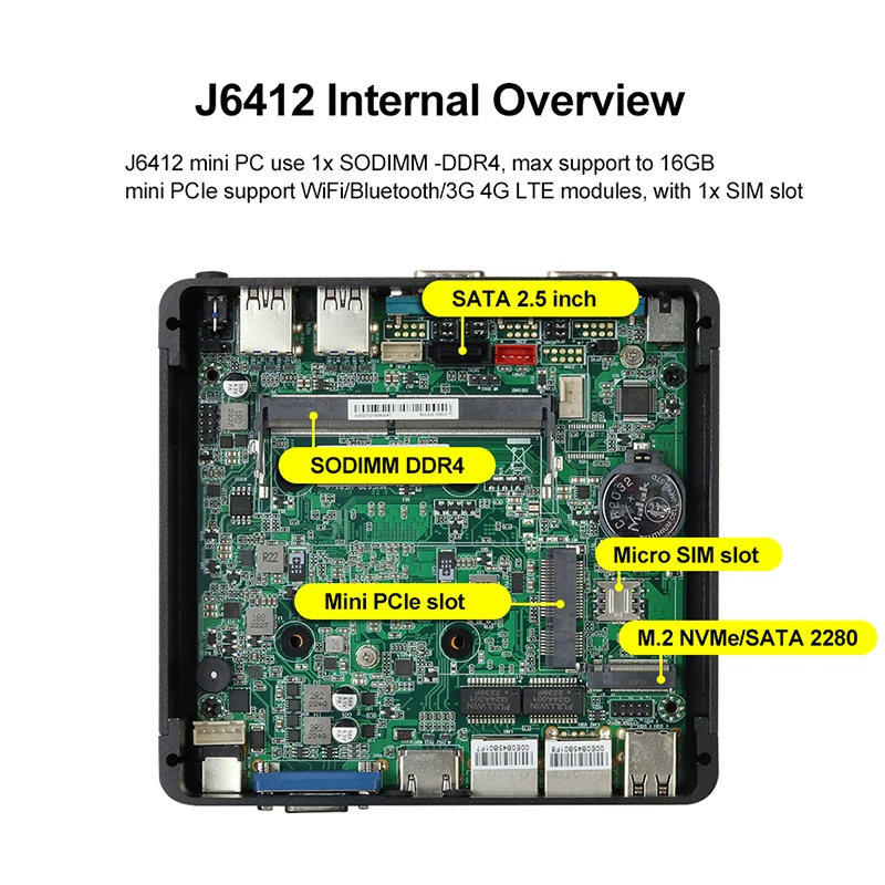 Mini PC Windows 10/11/Linux, Intel Celeron J6412 12e génération, DDR4, M.2 SSD, 2x GbE LAN, rs-232, RS485, 4G LTE, Fanless