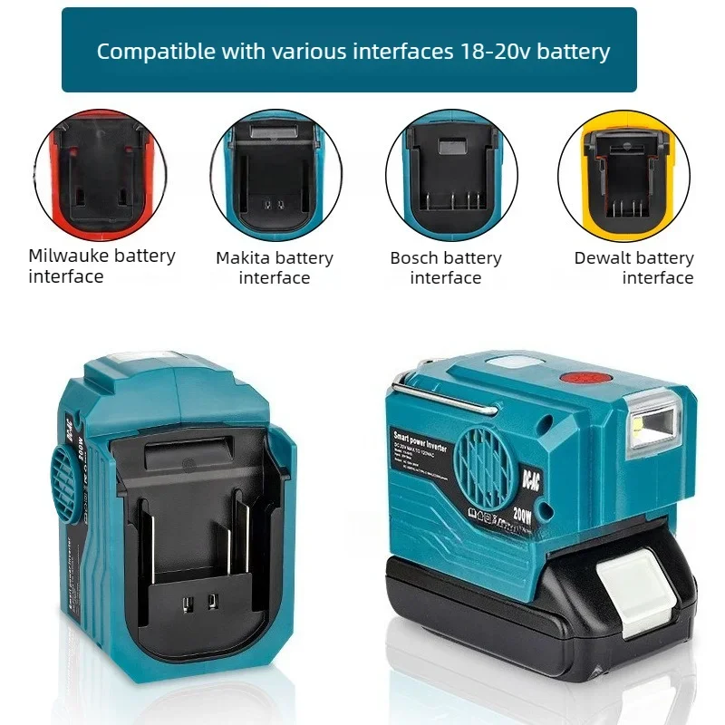 

Новый инвертор 18В для аккумуляторов Makita/Bosch/Dewalt/Milwaukee, портативный уличный инвертор 200Вт, синусоидальный преобразователь напряжения переменного тока 220В