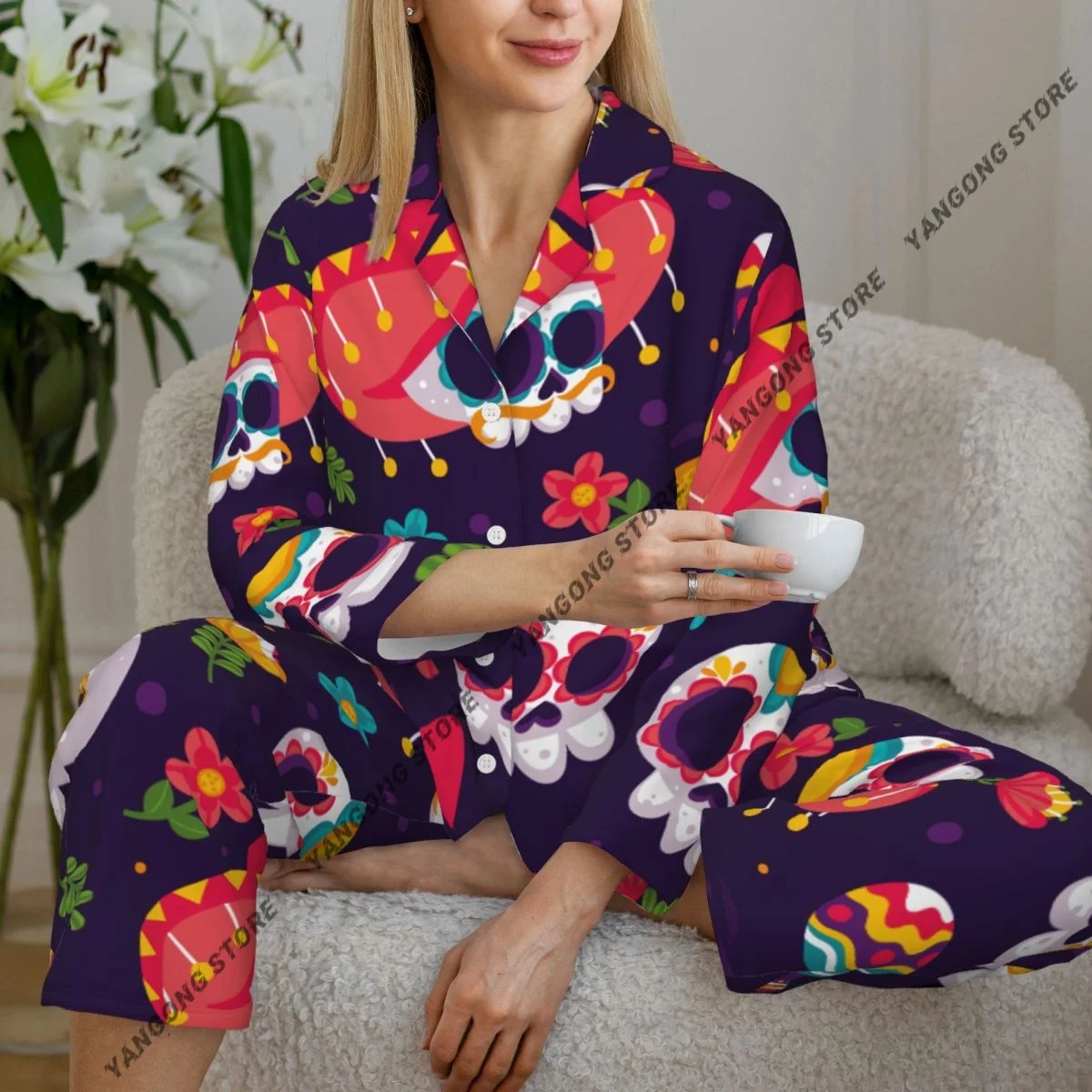 

Women Sleepwear Loungewear Day Dead Skull Long Sleeve Lapel Neck Shirt and Elastic Waist Pants Pajamas Set