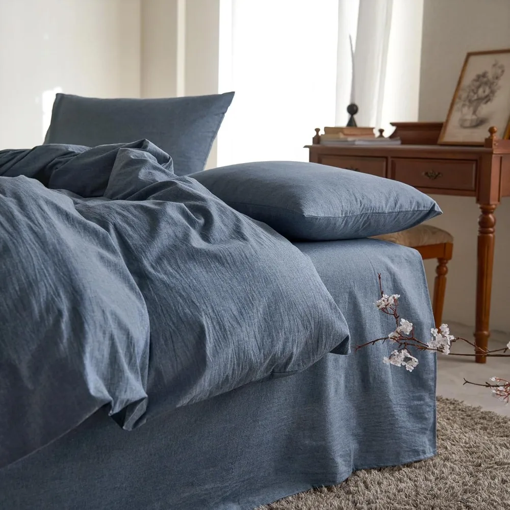 

Queen Size Chambray Denim Blue Cotton Duvet Cover Set - 100% Washed Cotton with Linen Texture and Breathable Performance