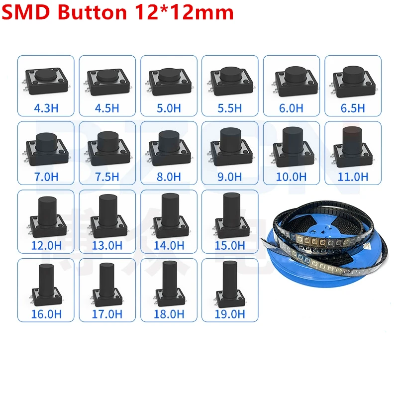 Tactile Tact Push Button Micro Switch 20Pcs SMD 12x12 12*12*4.3/5/5.5/6/7/7.5/8/8.5/9/9.5/10/10.5/11/11.5/12/12.5/13/14/15mm SMT