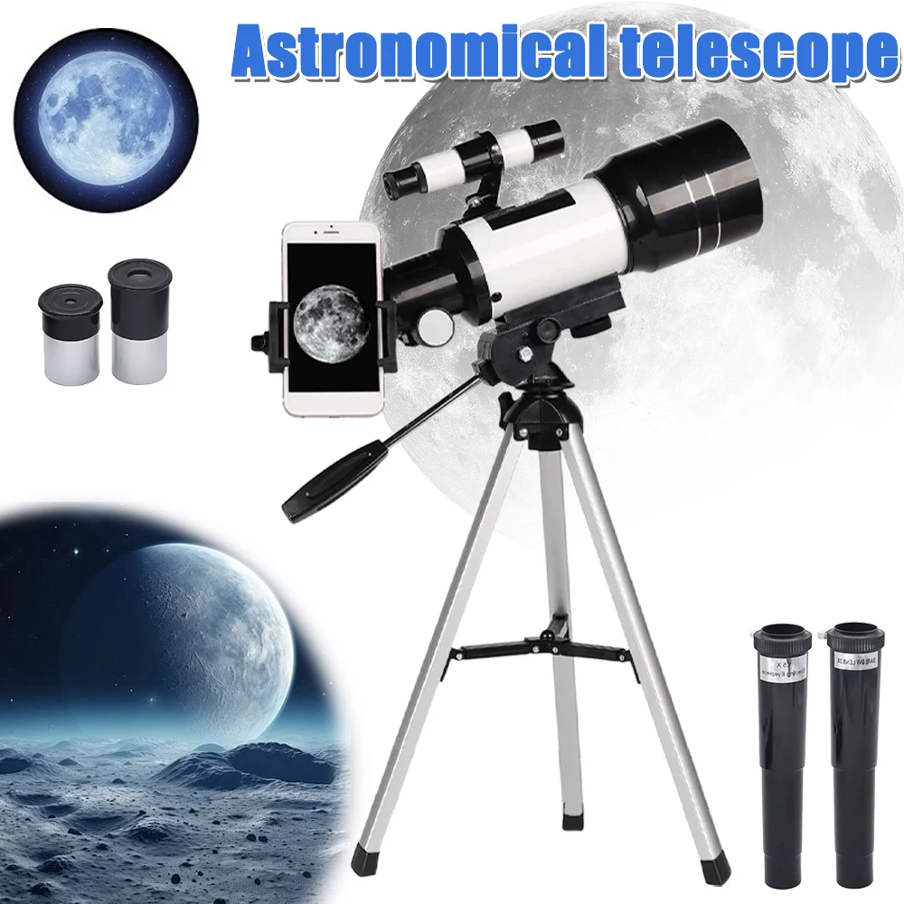 Telescopio astronómico 150X, telescopio de viaje portátil refractor de apertura de 70mm con adaptador de teléfono y control remoto inalámbrico
