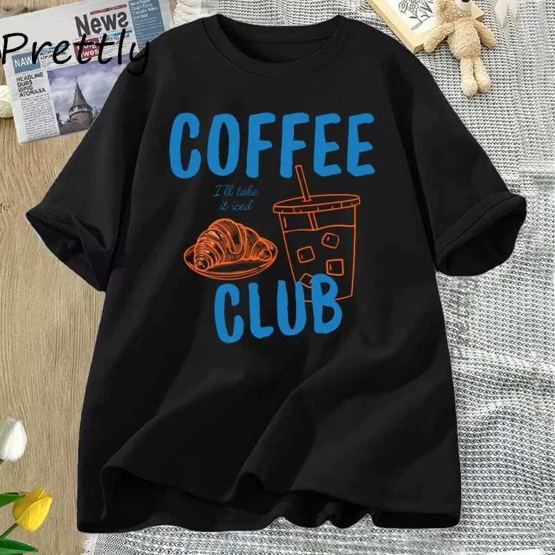 

Женская футболка Iced Coffee Club, женская футболка для любителей кофе, ретро футболка с изображением кофе, модные хлопковые футболки с короткими рукавами и графикой