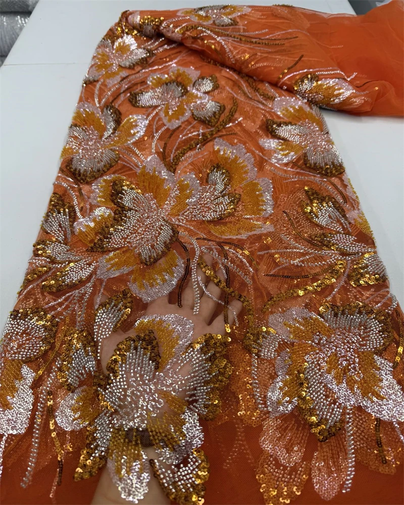 

African Beaded Nigerian Sequins Pearl Lace French Tulle Fabric High Quality for Party Dress Sewing