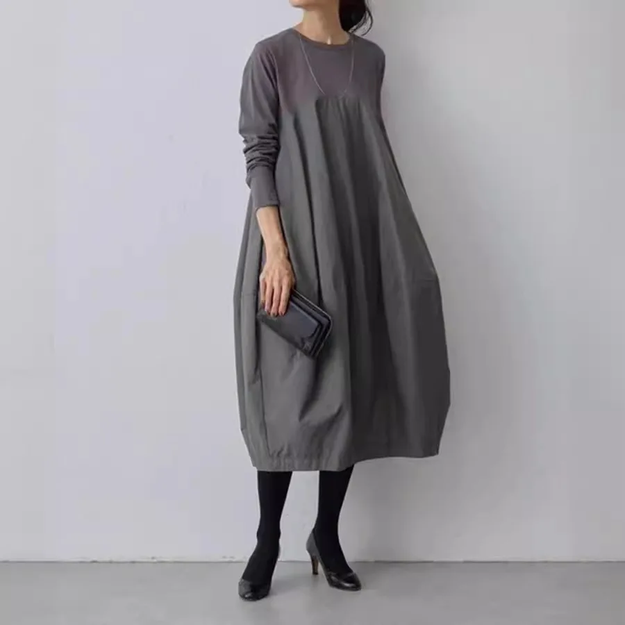 Autumn Winter Long Knitted Dress Round Neck Sleeve Patchwork Maxi Dress Korean Style Casual Fashion Women's Long Dress 2025