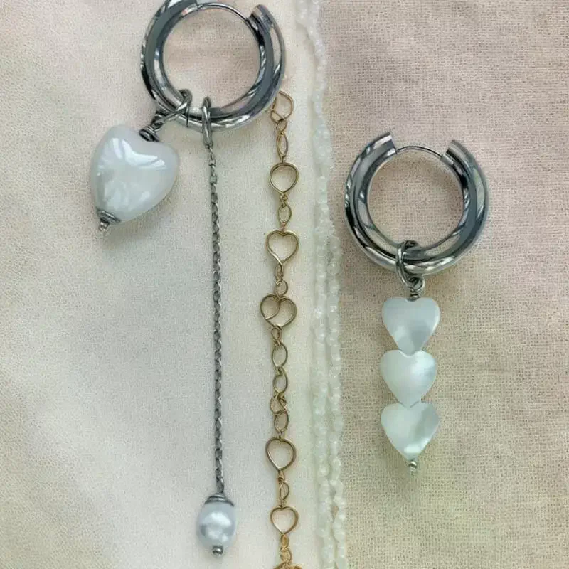 Retro New Trendy Geometric Stereo Heart-Shaped Earrings For Women Asymmetrical Imitation Pearl Earrings Punk Jewelry