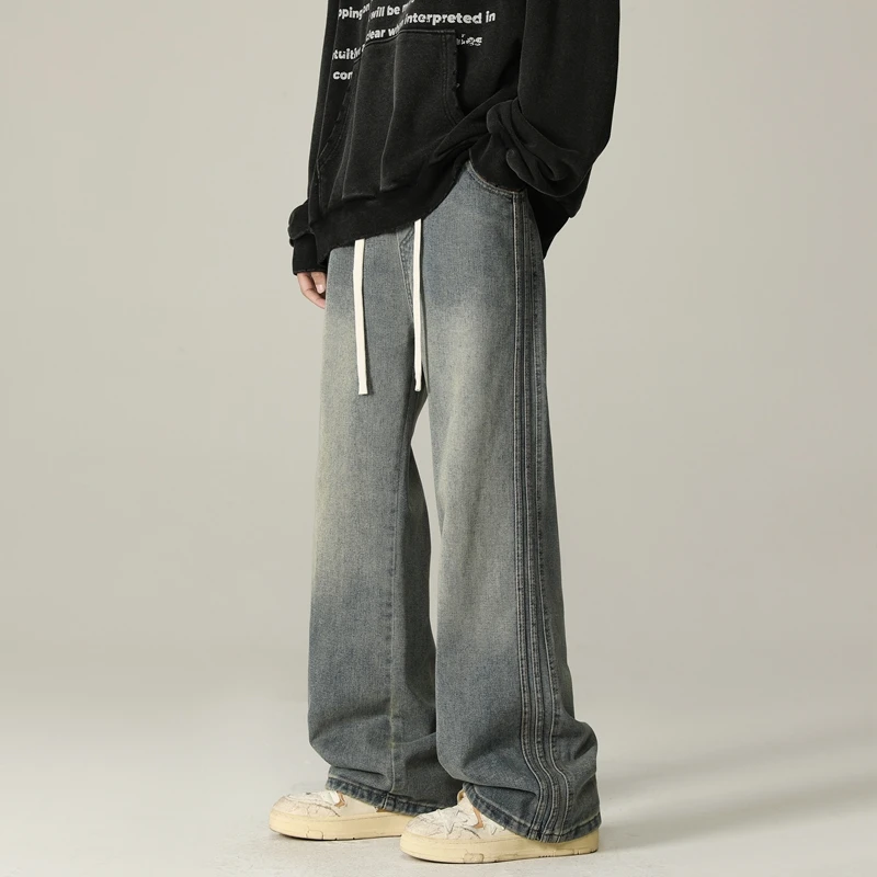 Men's jeans, washed striped pants mopping pants, fashion wear-resistant autumn and winter straight leg casual pants