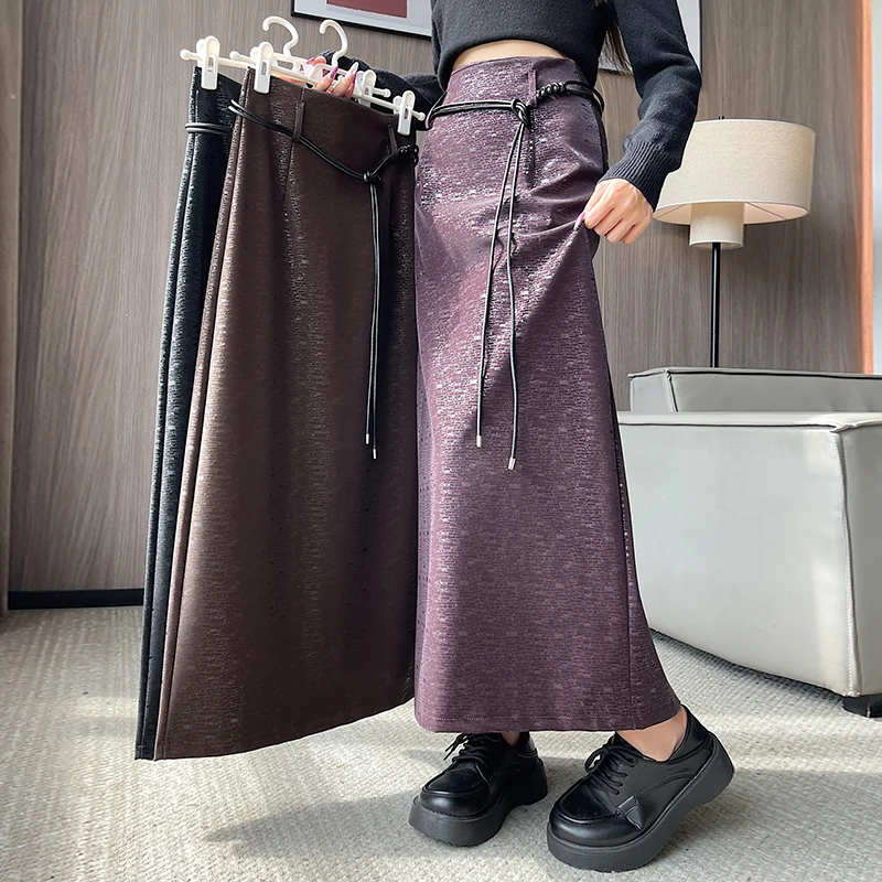 

Autumn Winter High Waist PU Leather Women's Wrap Long Skirts Sashes 2025 Vintage Back Split Office Straight A-line Skirts Female