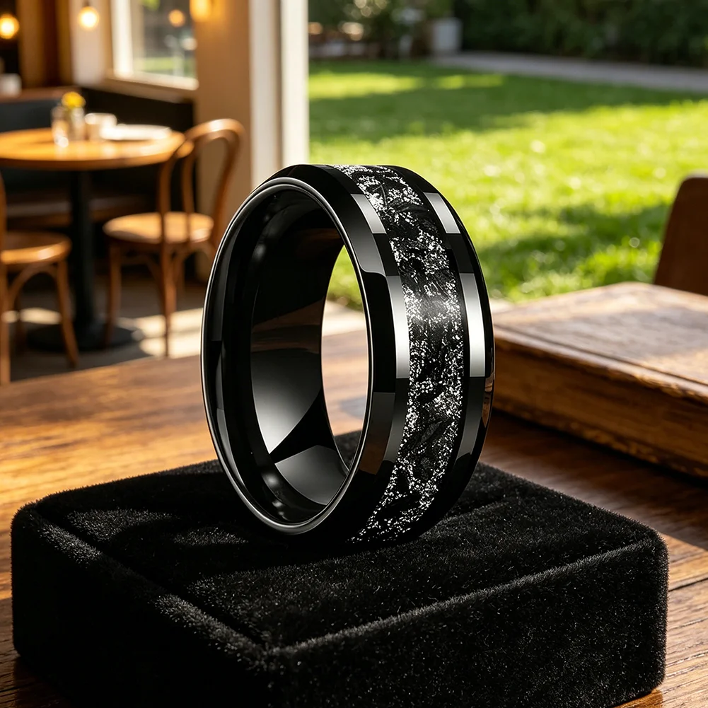 8mm schwarzer Titan-Chip-Inlay-Wolframcarbid-Ring, Verlobungs- und Eheringe für Männer und Frauen, abgeschrägter Modeschmuck, bequeme Passform – Detail 6