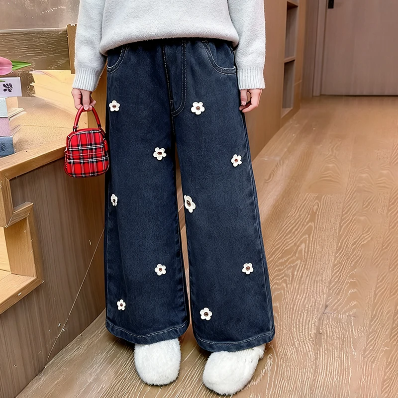 Girls' Flower Embroidered Wide-Leg Fleece-Lined Denim Pants