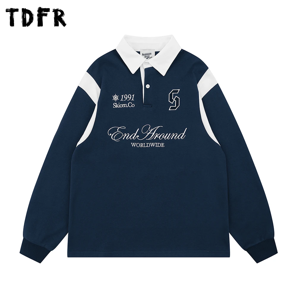 

Letter Embroidery Long Sleeve Polo Shirts Mens Contrast Paneled Retro Autumn Loose Tshirt Man
