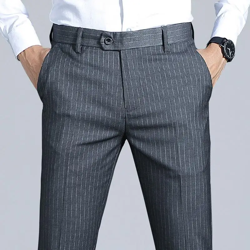 

Summer Men's Trousers Slim Straight Grey Korean Style Trendy Vertical Stripes Work Business Casual Suit Trousers JJ390