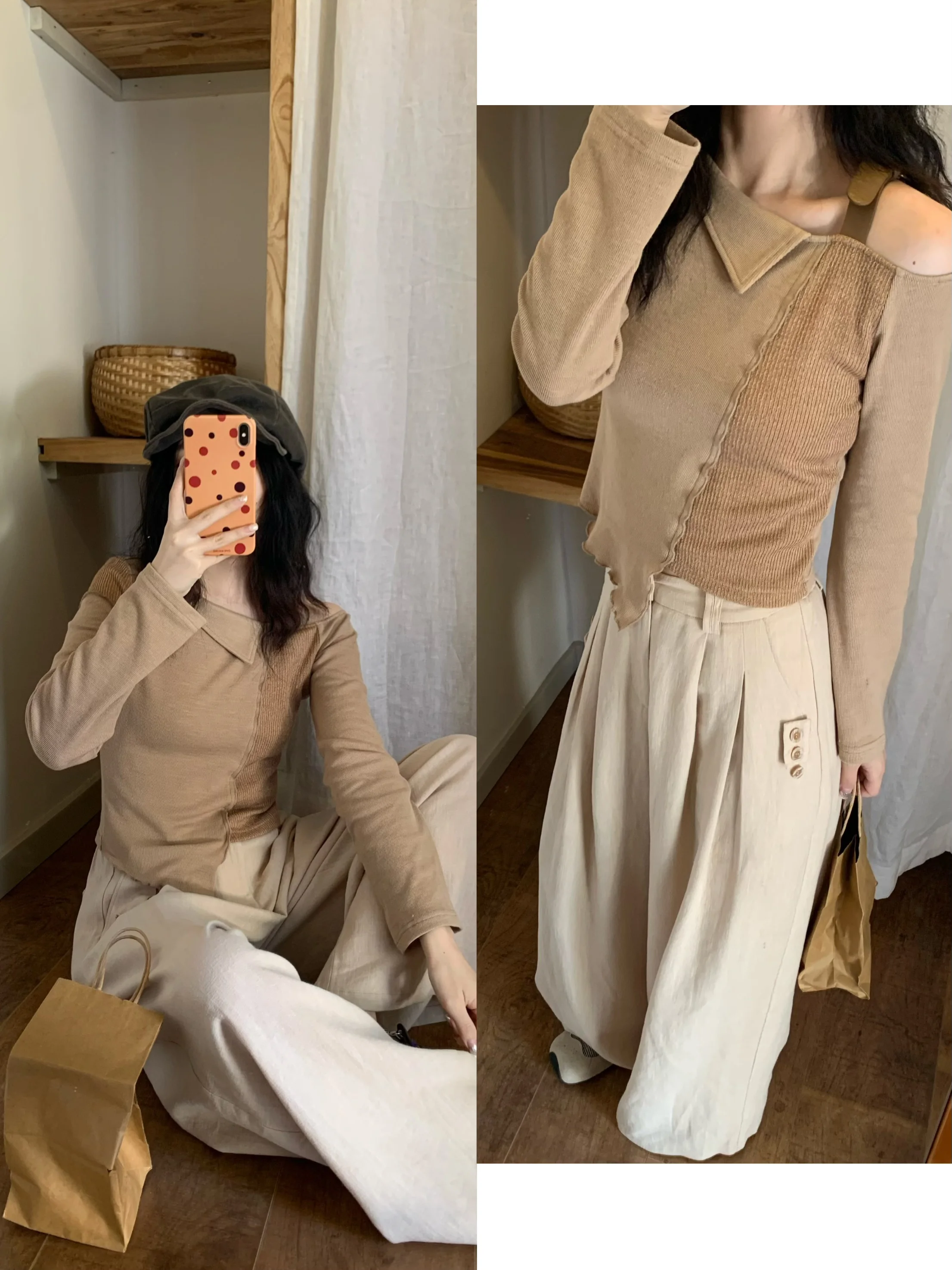 

Deconstructed Belted oulder Bared Long Sve irt Collared Patchwork Slimming Women's Faion Denim Sle Cotton Blend Top