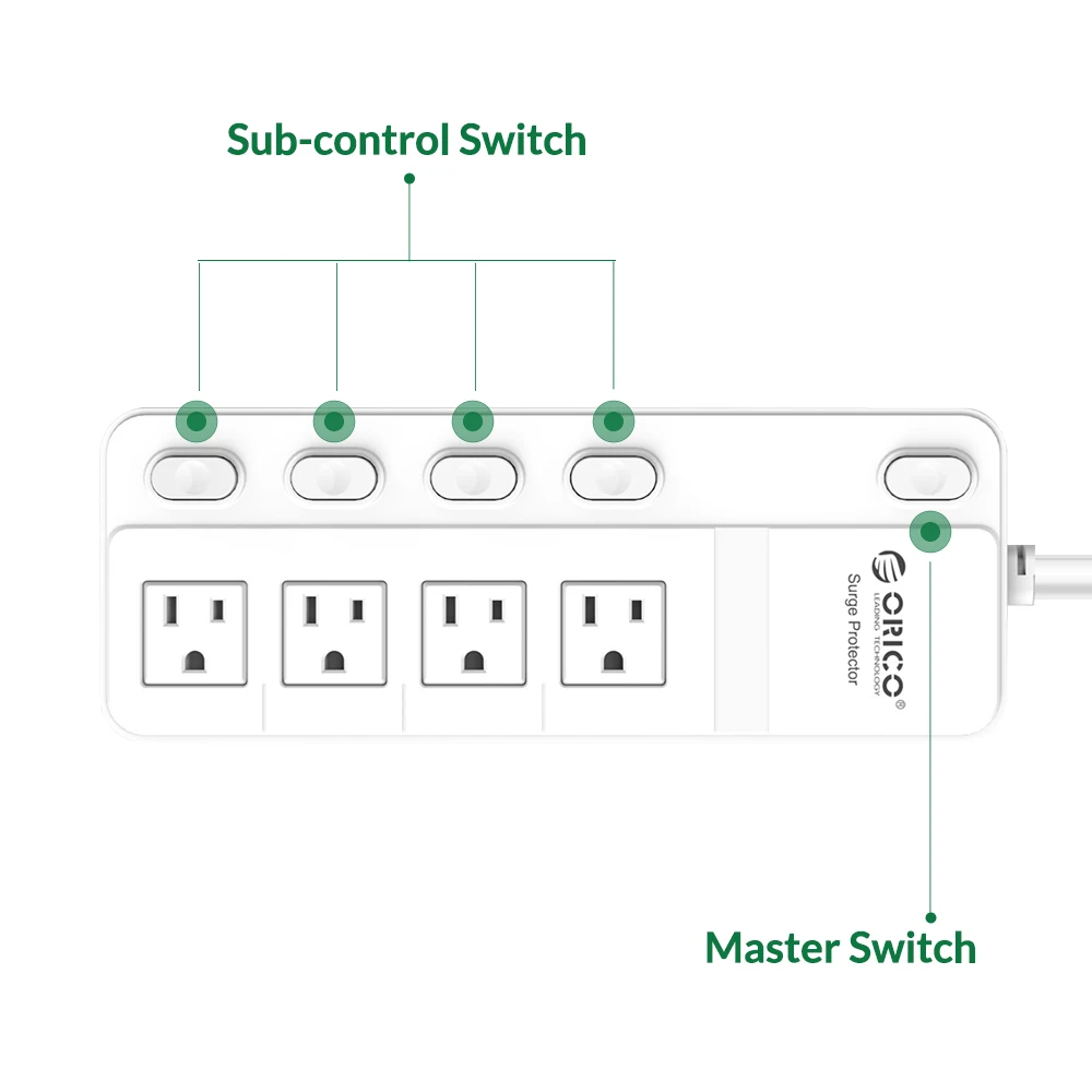 ORICO US Plug 4 AC-uitgangen Stekkerdoos Sub-schakelaar Verlengsnoer 1875 W Stopcontacten voor thuiskantoor opladen