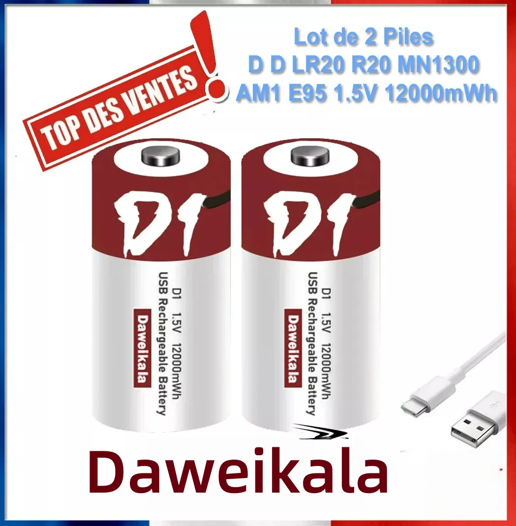 NEW High Capacity USB Rechargeable D Size Lithium-ion Battery 1.5V 12.0Ah for Flashlights and Water Heaters+Free Cable