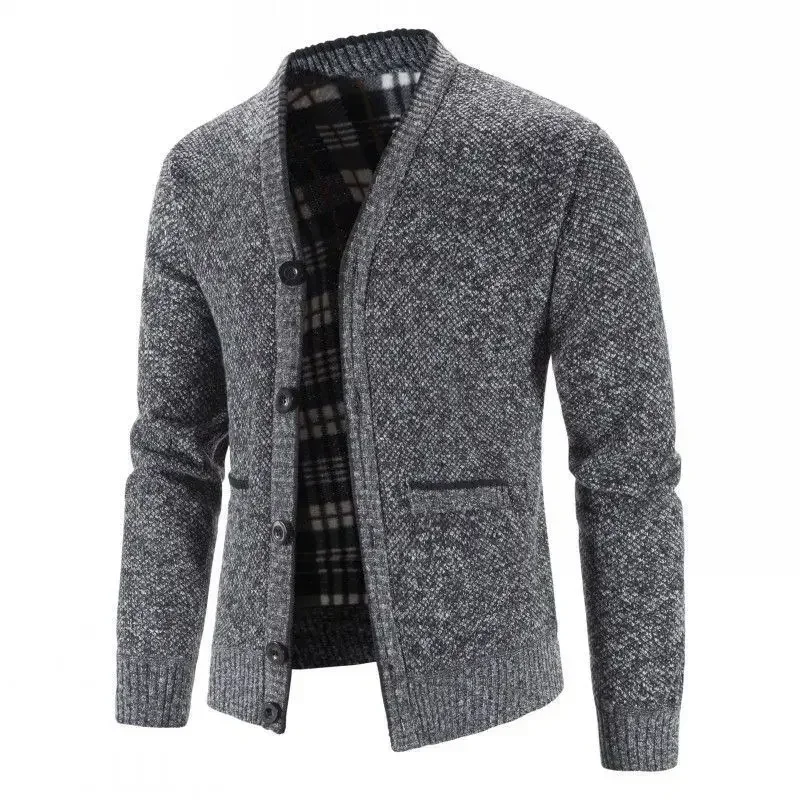 

New European and American Men's Fall Knitted Sweater with Fleece, Casual Single-breasted Cardigan with Long Sleeves.