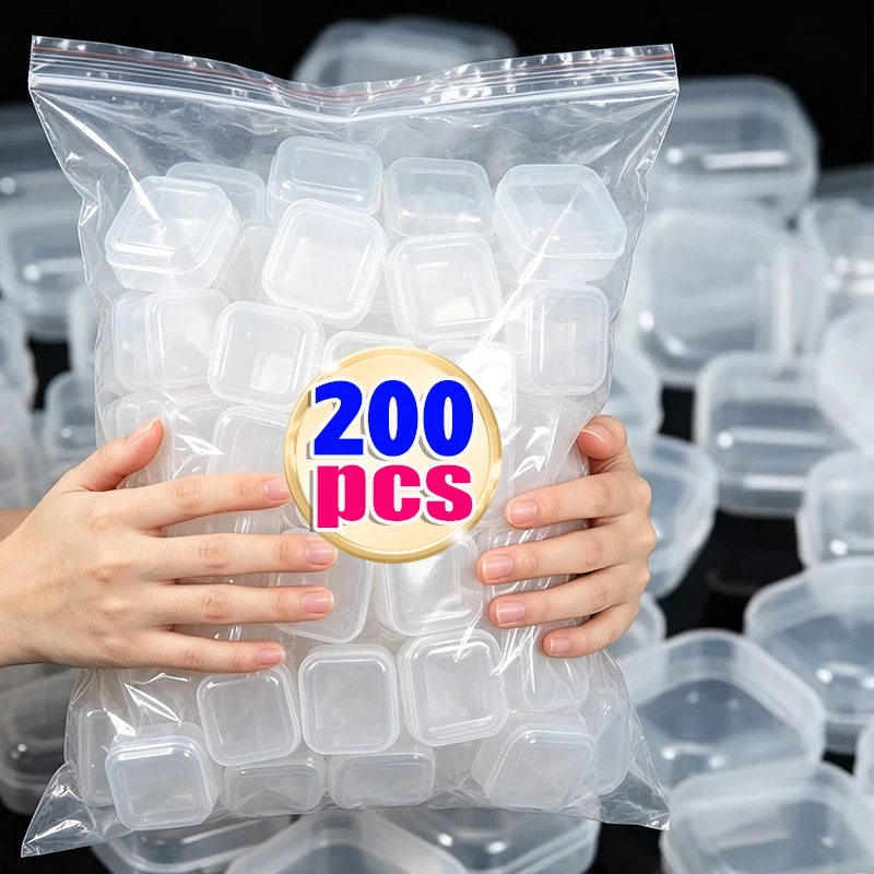 200pcs Mini Square Storage Box Transparent Plastic Flip Cover Small Case Pill Jewelry Earrings Dustproof Storage Pack Boxes