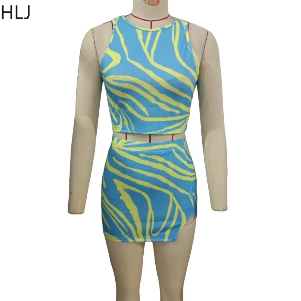 HLJ Summer New Printing Mini Skirts Two Piece Sets Women Round Neck Sleeveless Crop Top And Slit Skirt Outfits Female Streetwear
