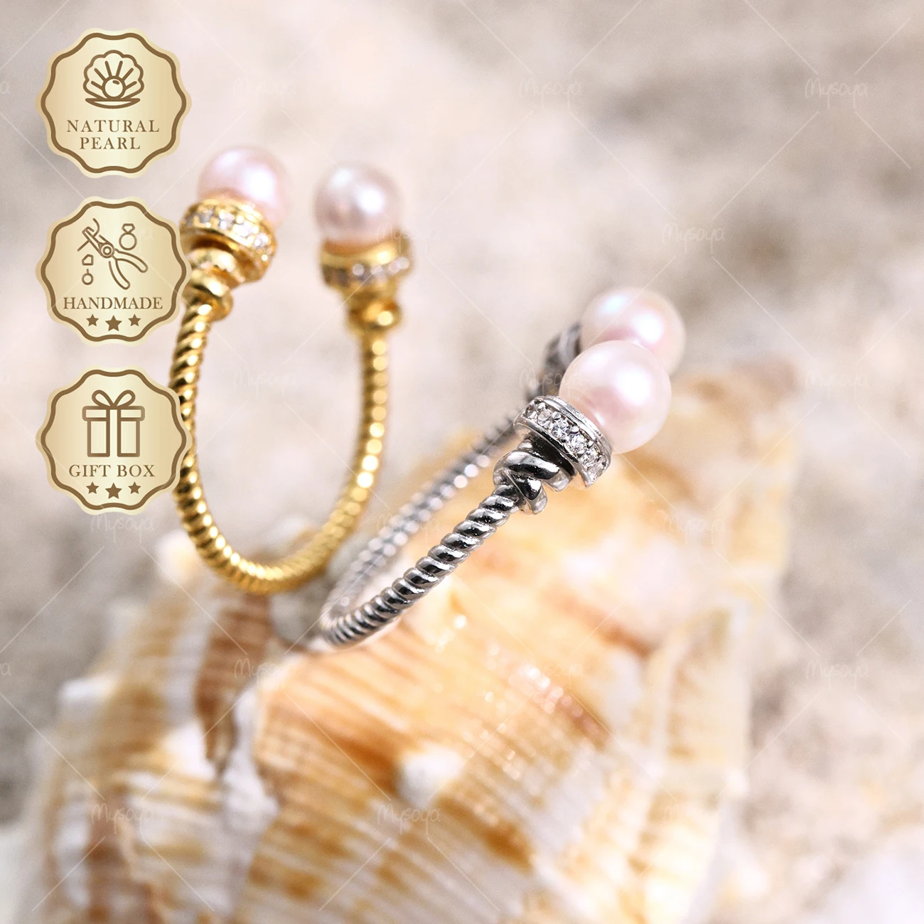 

MYSOYA Pink Akoya Pearl Open Ring 5.5-6mm Twisted Gold/Silver Ring, Gift Box, Birthday & Anniversary Jewelry C326