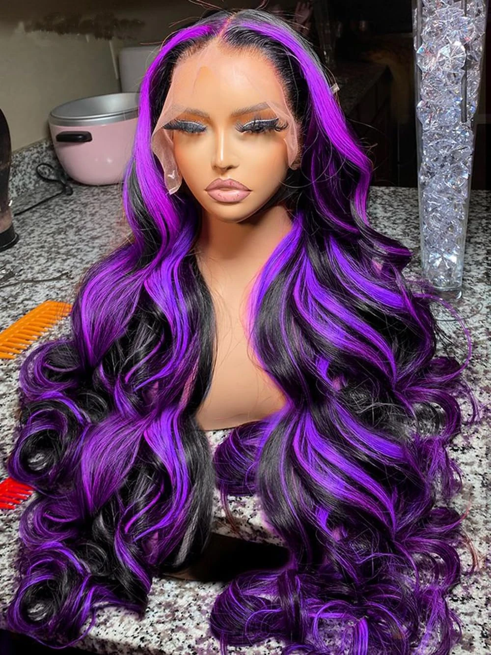 Smilegirl Highlight Lace Front Wig 13x6 Human Hair Pre-plucked Hairline Brazilian HD Human Hair Wigs 13X4 1B/Purple Curly Wavy Ombre Colored Wigs