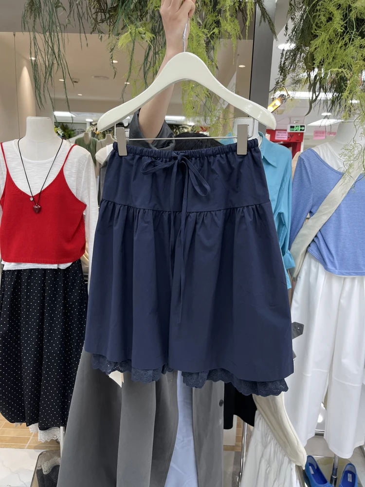 

Свободная юбка с кружевной отделкой и высокой талией, женская корейская юбка с эластичной резинкой на талии, простая милая однотонная юбка трапециевидной формы для поездок на работу