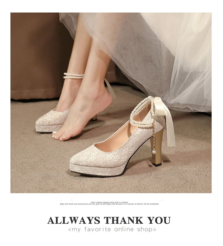 

French-style single-strap pearl platform high heelschampagne-colored wedding shoeshollow-out pumps for women, match with dresses