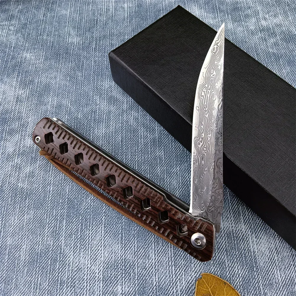 Cuchillo plegable de bolsillo ligero con hoja de acero damasco V10, mango de palisandro para acampar al aire libre, cuchillos tácticos de caza, herramienta EDC de fruta