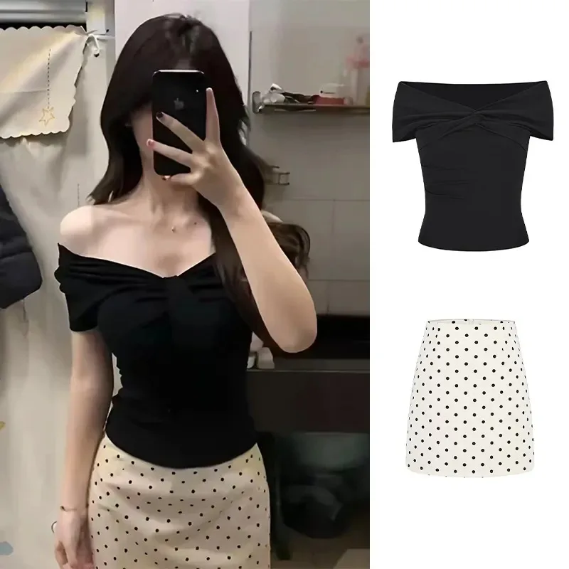 Women's Off Shoulder Twist Front Short Sleeve Crop Top Slim Fit Ruched Summer Blouse