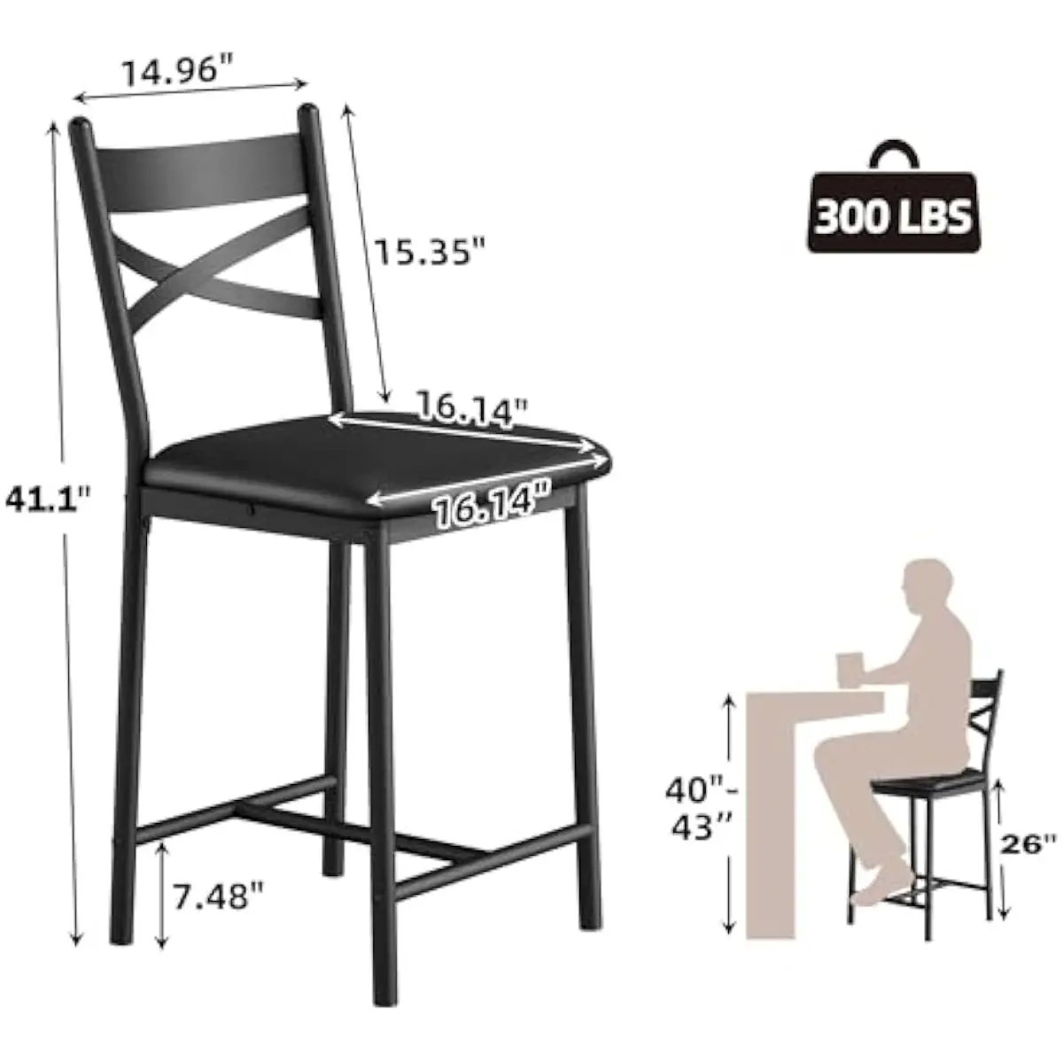 26 Inch Counter Height Bar Stools Set of 4 | Black Metal Frame with Ergonomic Curved Backrest | Thick High-Density Foam Seat | W