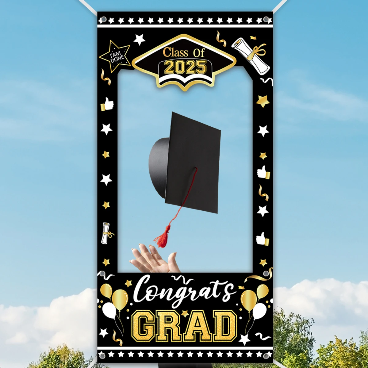 Black Gold Graduation Cloth Photo Booth Props Frame Class of 2025 Happy Graduation Season Party Decorations Grad Favors Supplies