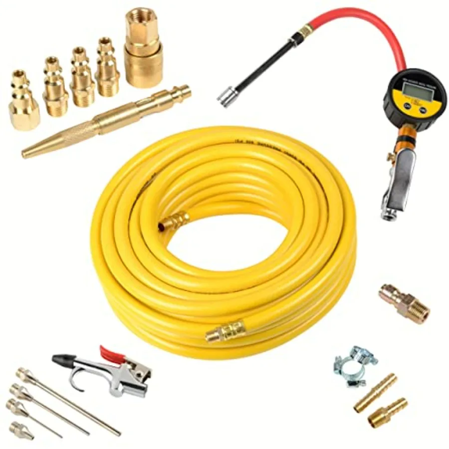 

19pc Air Tool Accessory Combo Kit for Automotive Use with 50' x 3/8 Air Hose Brass Air Coupler Set Digital Tire Gauge Repair Ki