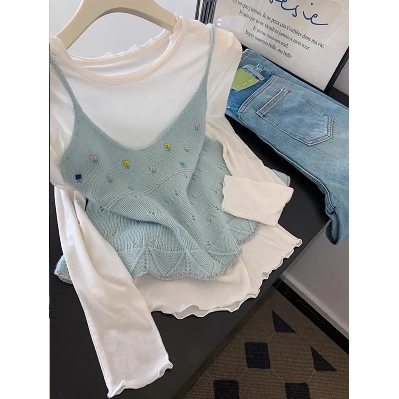 가을 패션 여성 트렌디 2025 신상 투피스 세트 니트 스웨터 롱 슬리브 레이어링 아우스피어 탑 프렌치 스타일 폴리에스터...