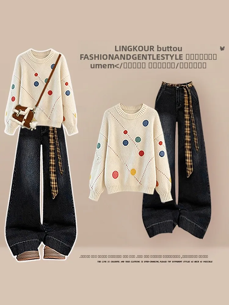

Осенне-зимний вязаный свитер в горошек и джинсы для похудения, комплект из двух предметов для женщин, повседневная одежда в стиле ретро, мода среднего возраста