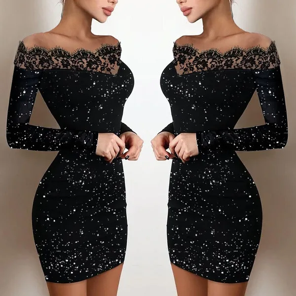 2024 New Spring Women\'s Fashion, Elegance, Leisure, Sexy Long sleeved Lace Edge, One Shoulder Silver Powder Sprinkled Dress