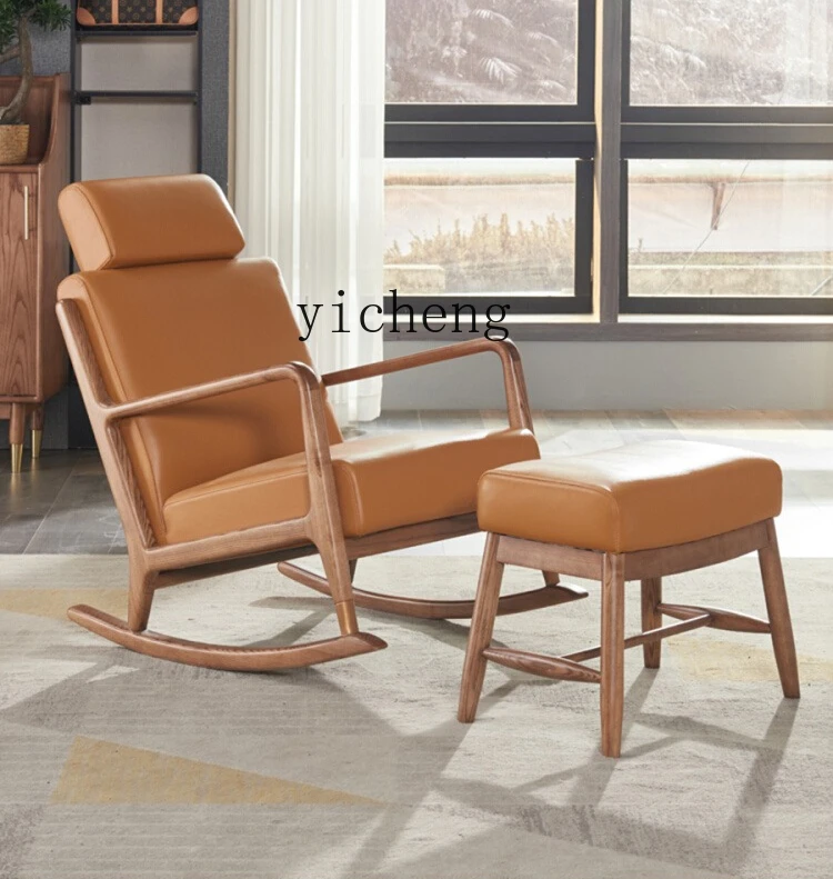 

ZYA Solid Wood Genuine Leather Single Sofa Recliner Comfortable Modern Simple Nap Balcony Leisure Chair