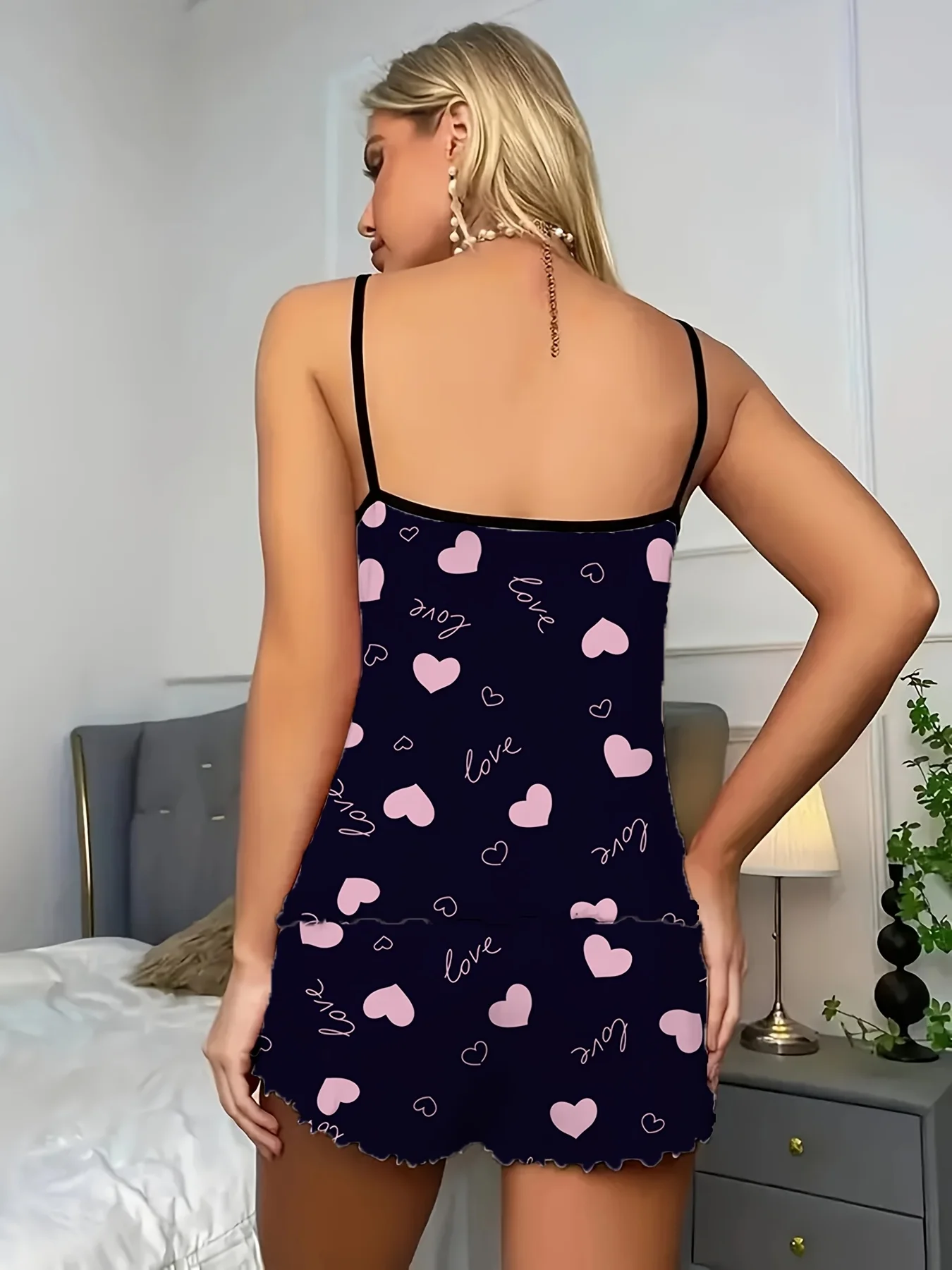 Bow Heart Print Pajamas Set for Women's Sleepwear Backless Crop Top and Shorts, Comfortable Loose Fit Summer Loungewear