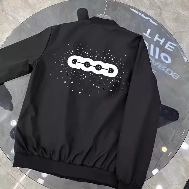 

Casual Baseball Sle Jaet for Men And Women with Rhinestone Collar Stand Fit Long Sve Polyester Fiber Windproof