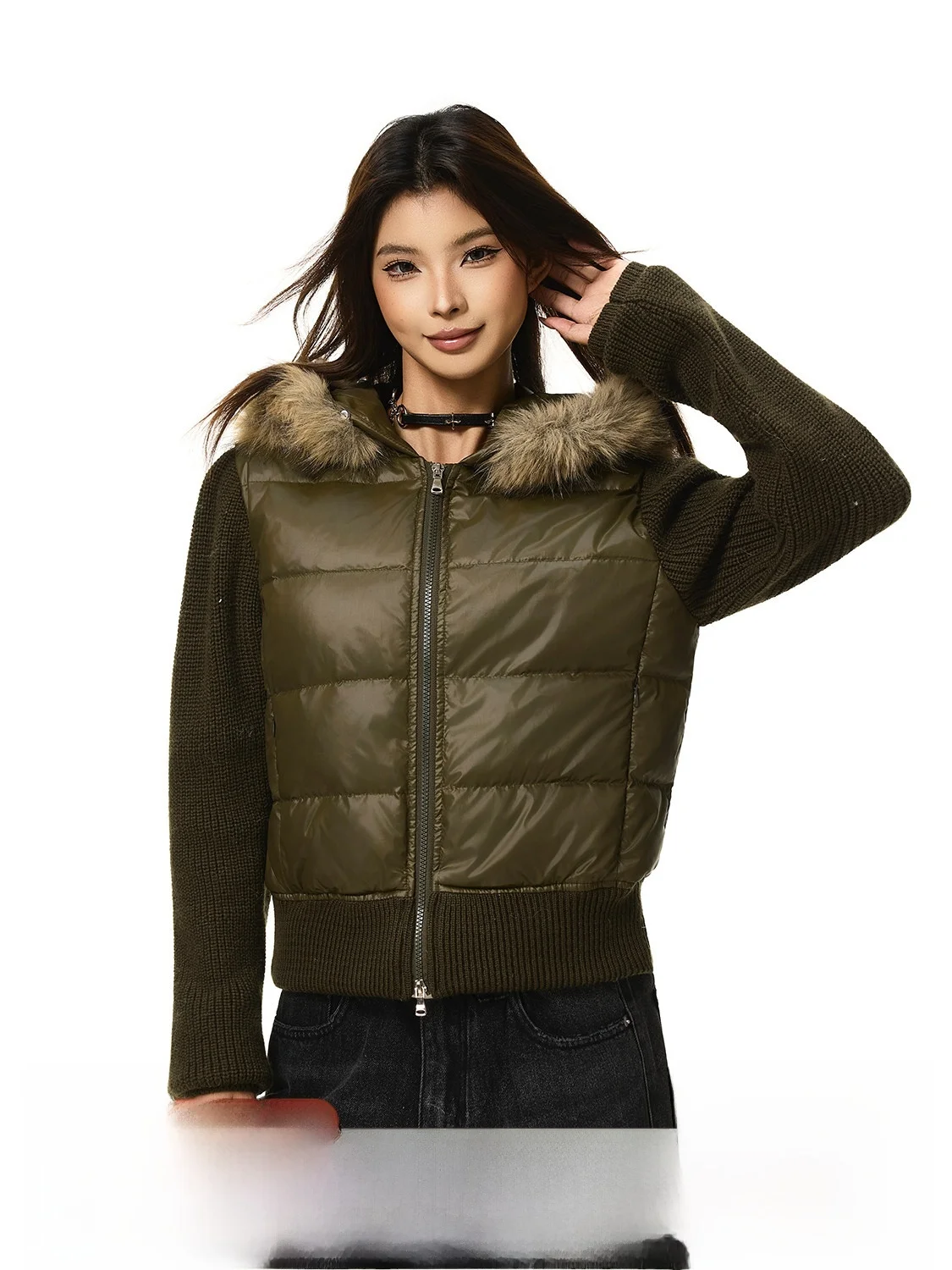 

Retro American Spliced Knitted Sve down Jaet Women's Winter Slim Fit Warm Thiened Fur Collar ort Coat Zipper Closure