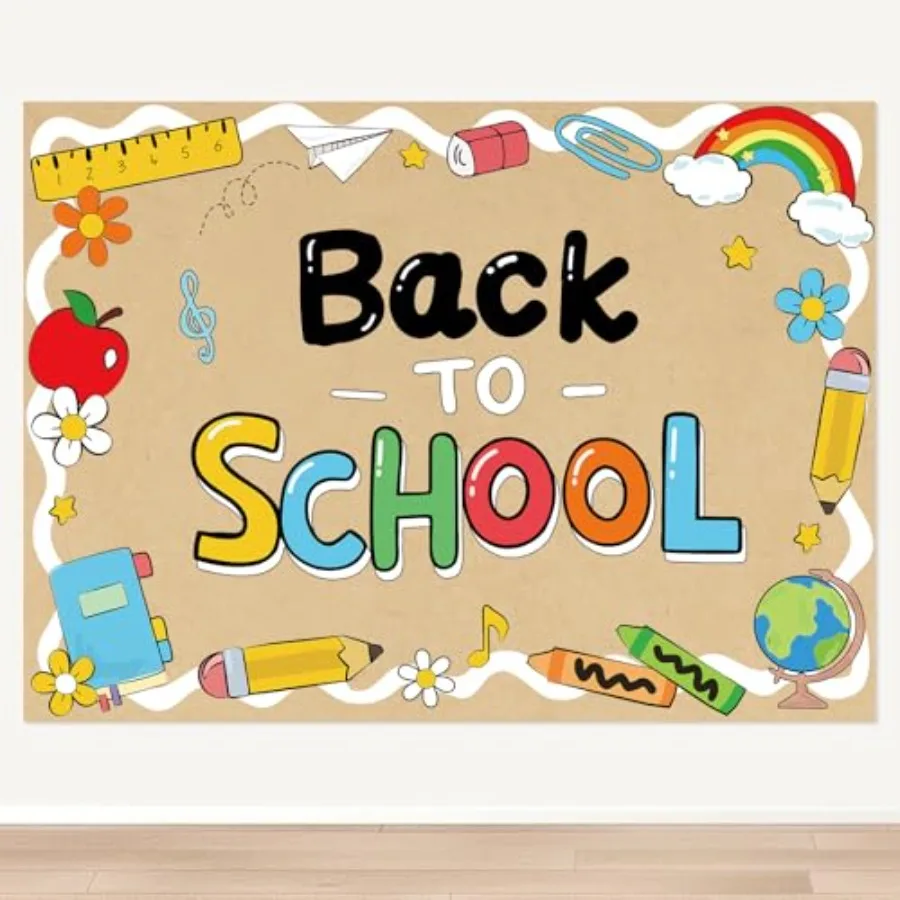 Colorful Back to School Kraft Paper Backdrop Banner 43 x 31.5 Inch Pencil Apple Crayon Print Brown Paper Banner First Day of Sc