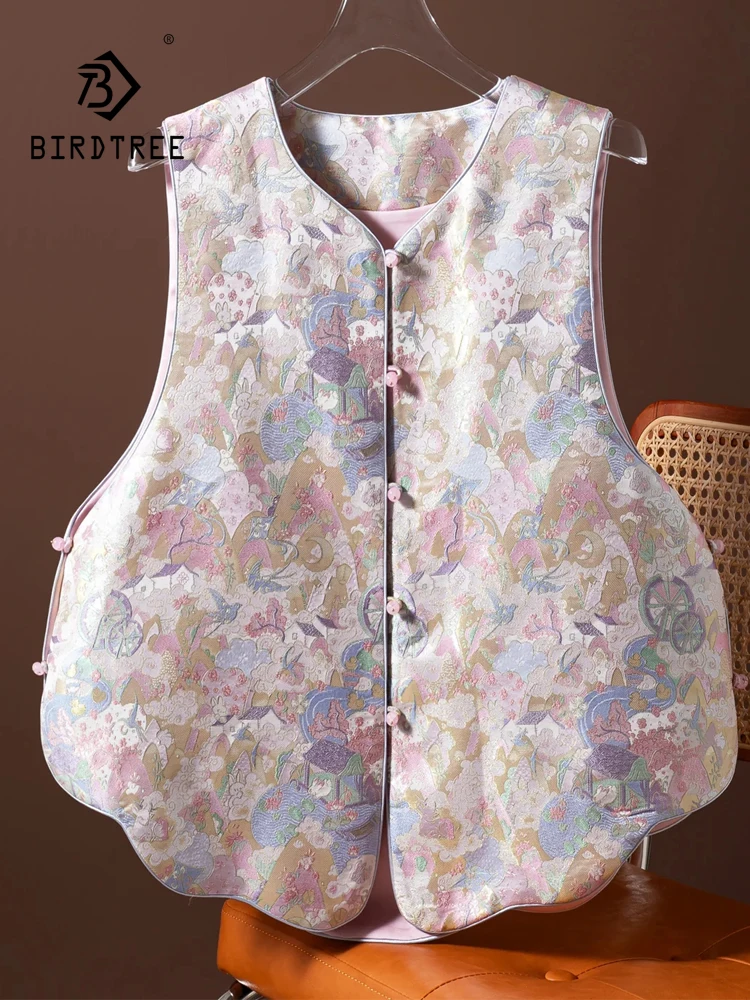 BirdTree-100%Real Silk Song Brocade Elegant Vest, V Neck Cartoon, Women Design Sense Chic Loose Coat, 2026 Autumn New C69859CC