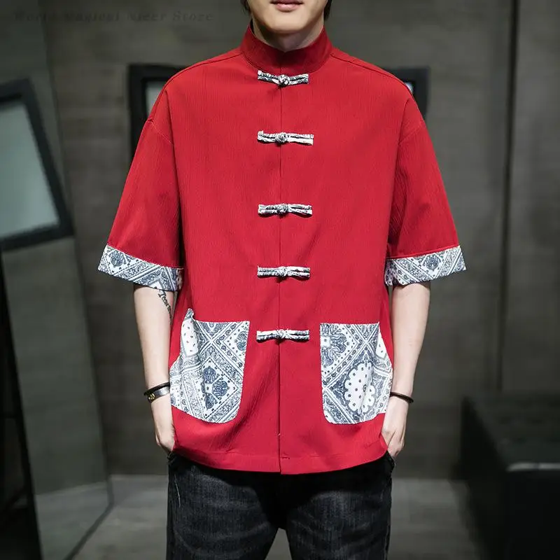 

Retro Casual Tang Clothes Shirt Men's New Chinese Style Print Tang Tops Spring Summer Short Sleeve Tai Chi Oriental Streetwear