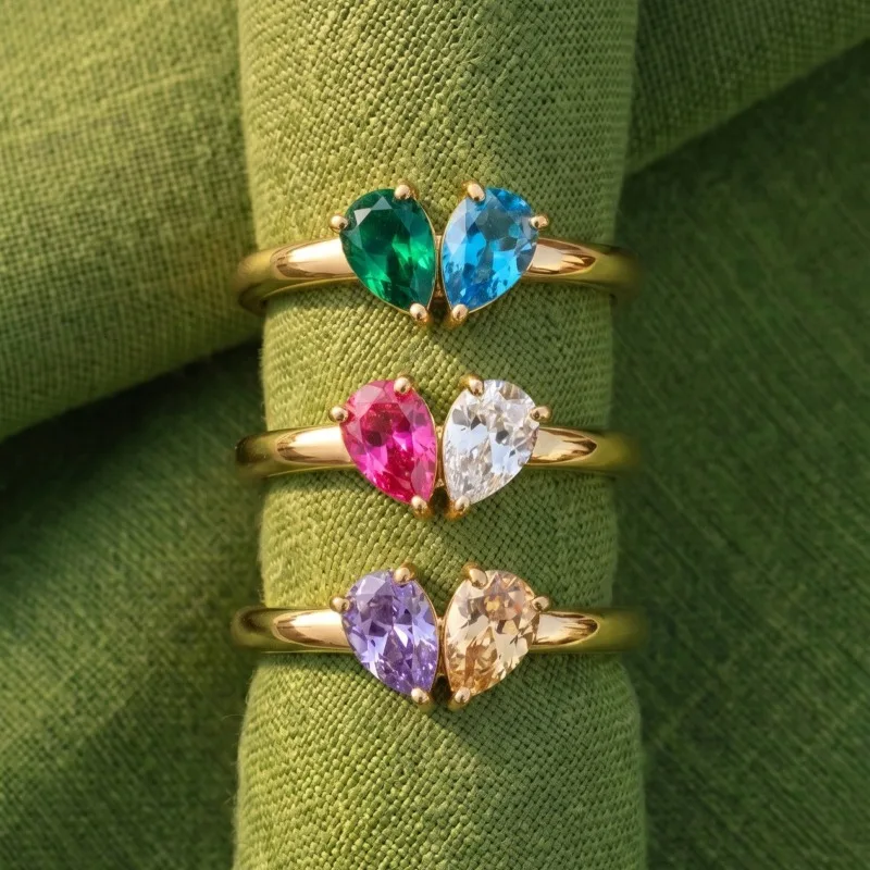Stylish stainless steel simple color matching sweet love ring niche design water drop inlaid zircon ring jewelry